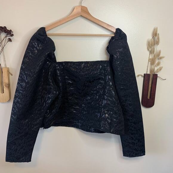 H&M Jacquard Metallic Black Blouse with Puffy Sleeves Size XL - Picture 3 of 6